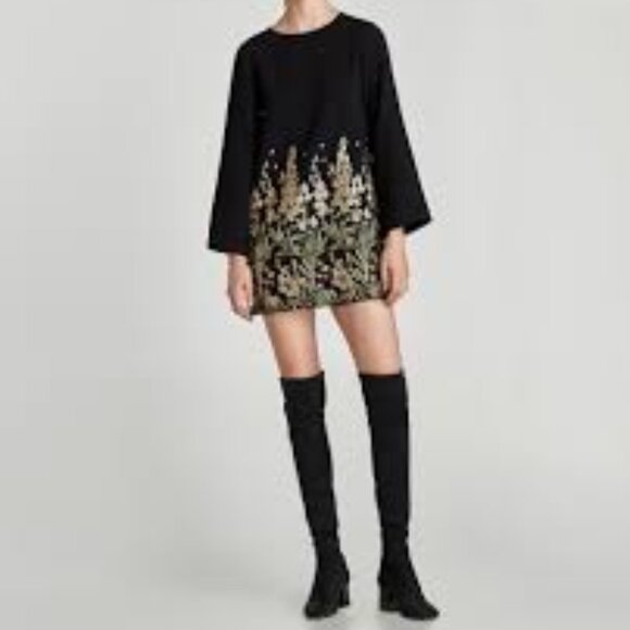 NWOT ZARA Black Long Sleeve Mini Dress with Gold Embroidery - Size M - Picture 3 of 6
